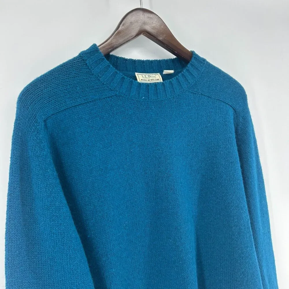 Vintage LL Bean Wool Fisherman Sweater Teal Pullover Made In Ireland Chunky